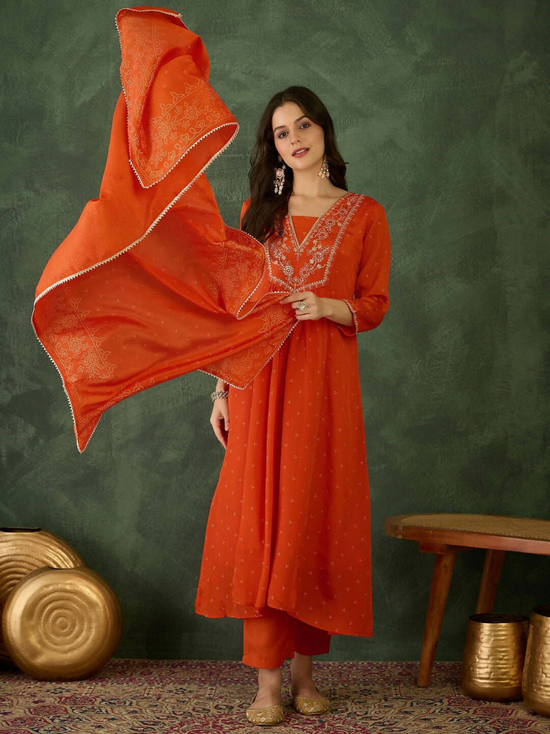 The52 Orange Women's Gorgeous Embroidered Chinon Fabric Flared Kurta Pant and Dupatta Set - Swadesiicart
