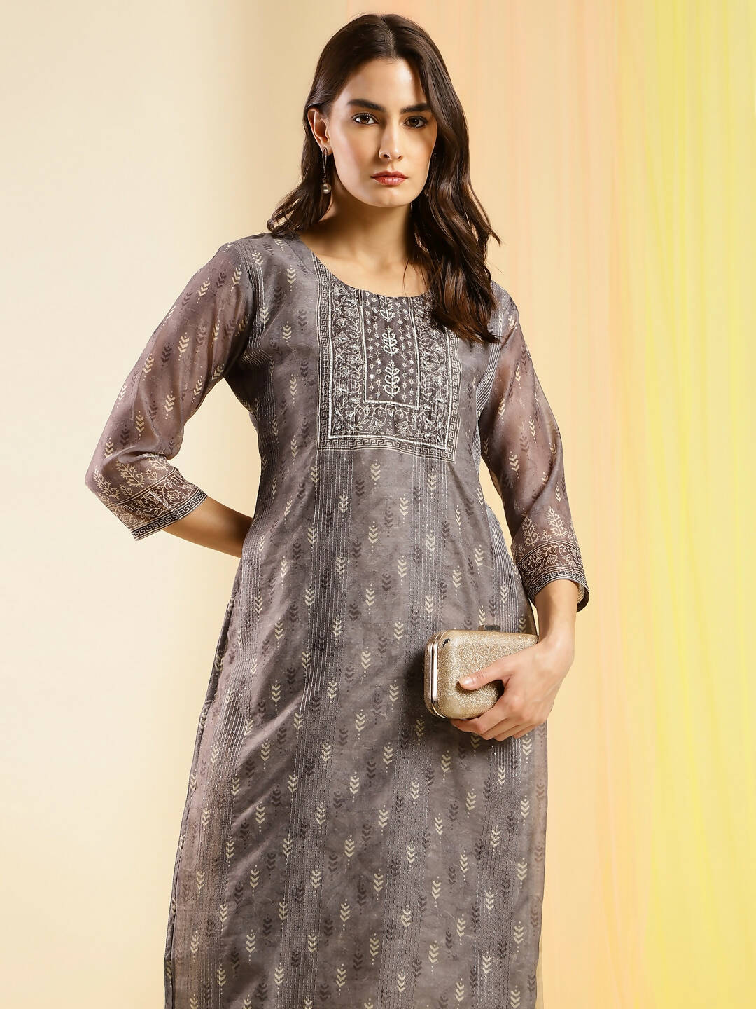 Grey Chinon Digital Printed With Hand Work Kurta - Himanshi - Swadesiicart