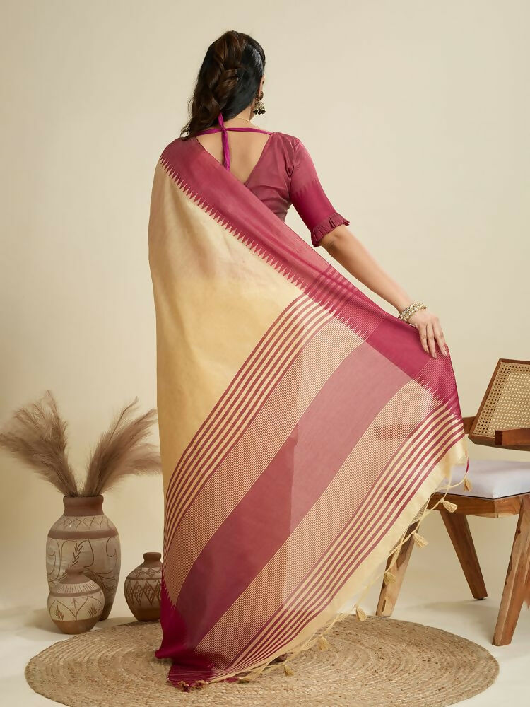 Vishnu Weaves Women's Chiku Raw Silk Thread Woven Saree with Blouse - Swadesiicart