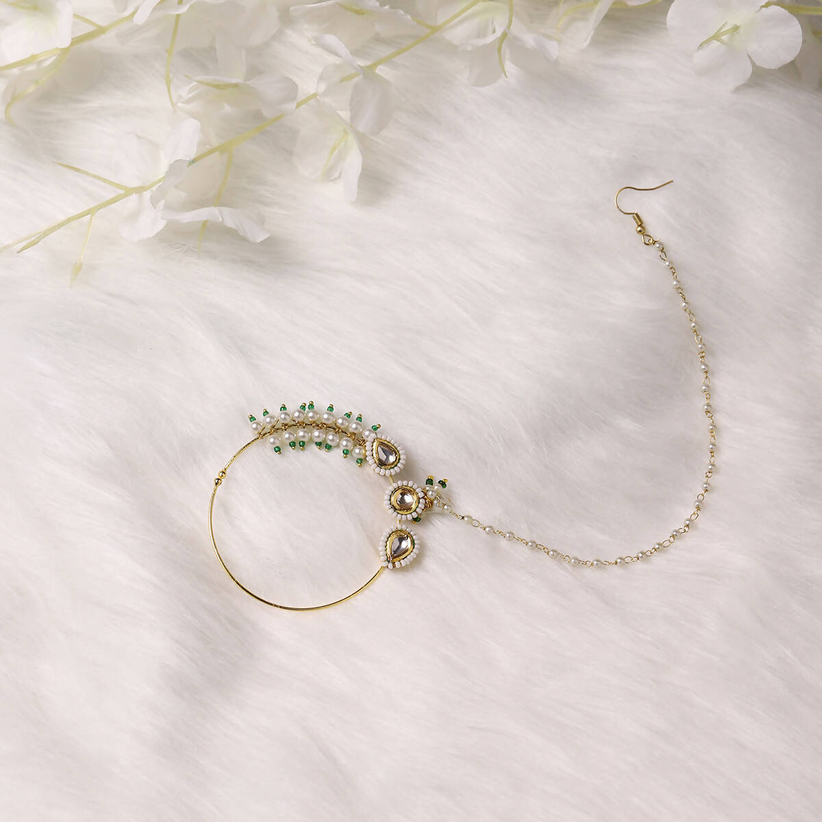 Gold-Polished White Kundan Studded Pearl Beaded Nose Pin - Ruby Raang | Swadesiicart