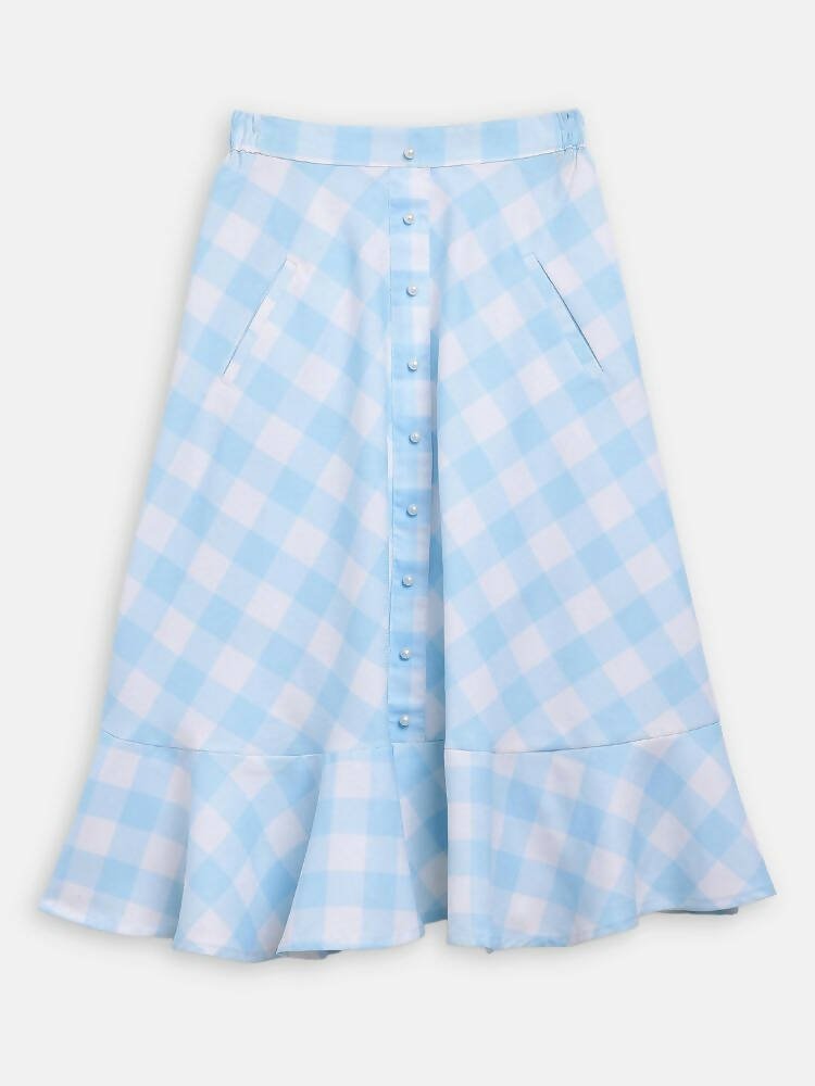 Ahalyaa Sky Blue Rayon Checked Kids Top With Skirts For Girls | Swadesiicart