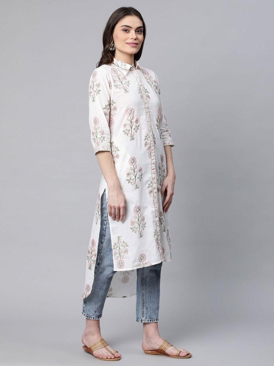 Ahalyaa Women's Off White Pure Cotton Floral Printed Kurta | Swadesiicart