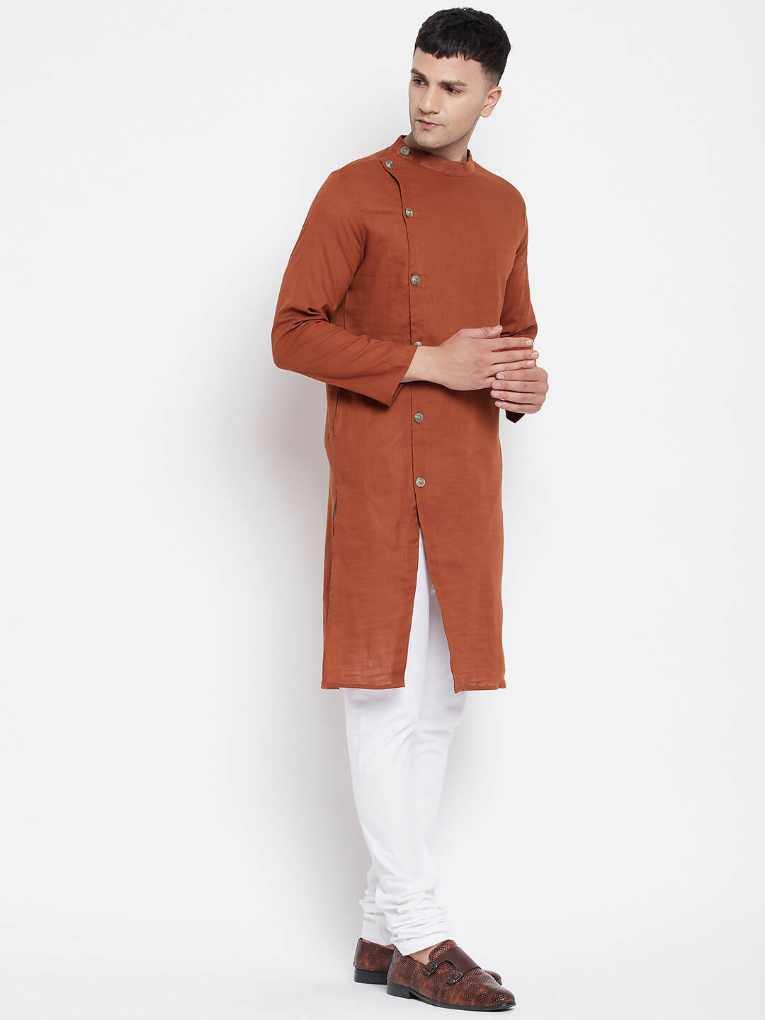 Even Apparels Brown Pure Cotton Men's Sherwani Kurta With Asymetrical Cut | Swadesiicart