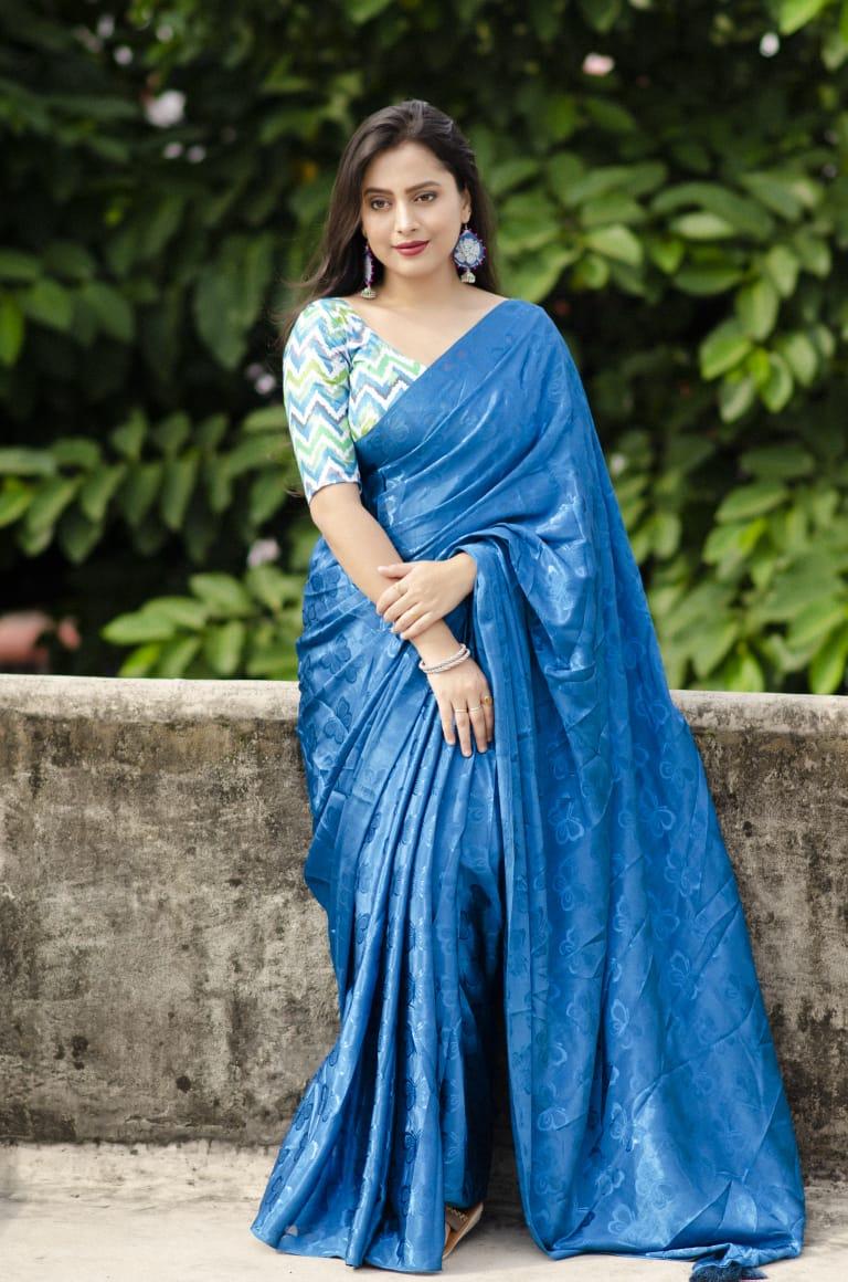Blue Silk Blend Ethnic Motifs Saree with Unstitched Blouse - Hiral Fashion | Swadesiicart