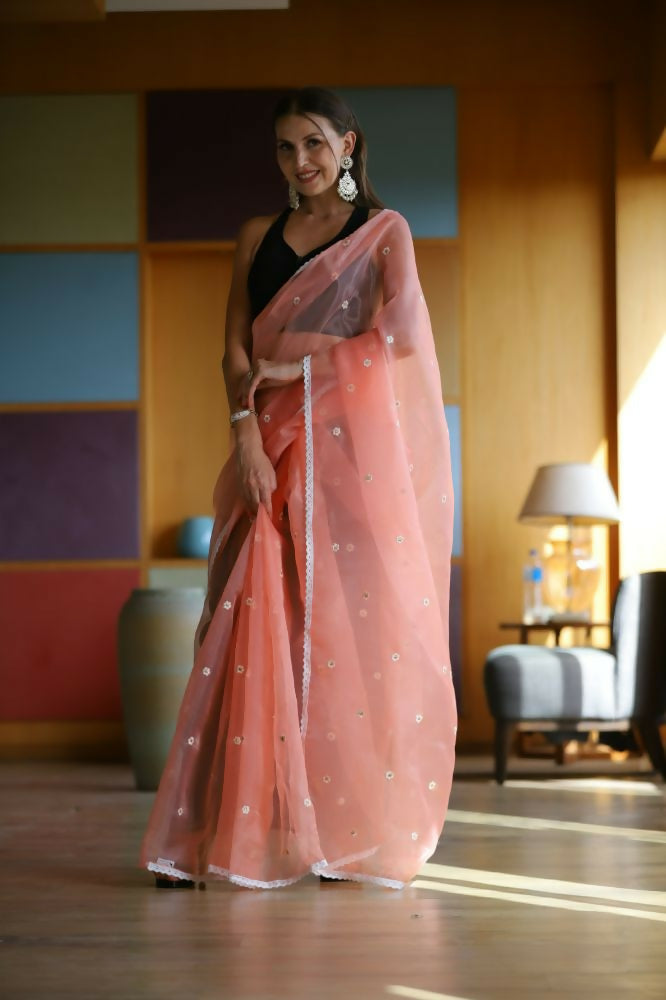 Vamsee Manbhari Peach Organza Saree - Swadesiicart