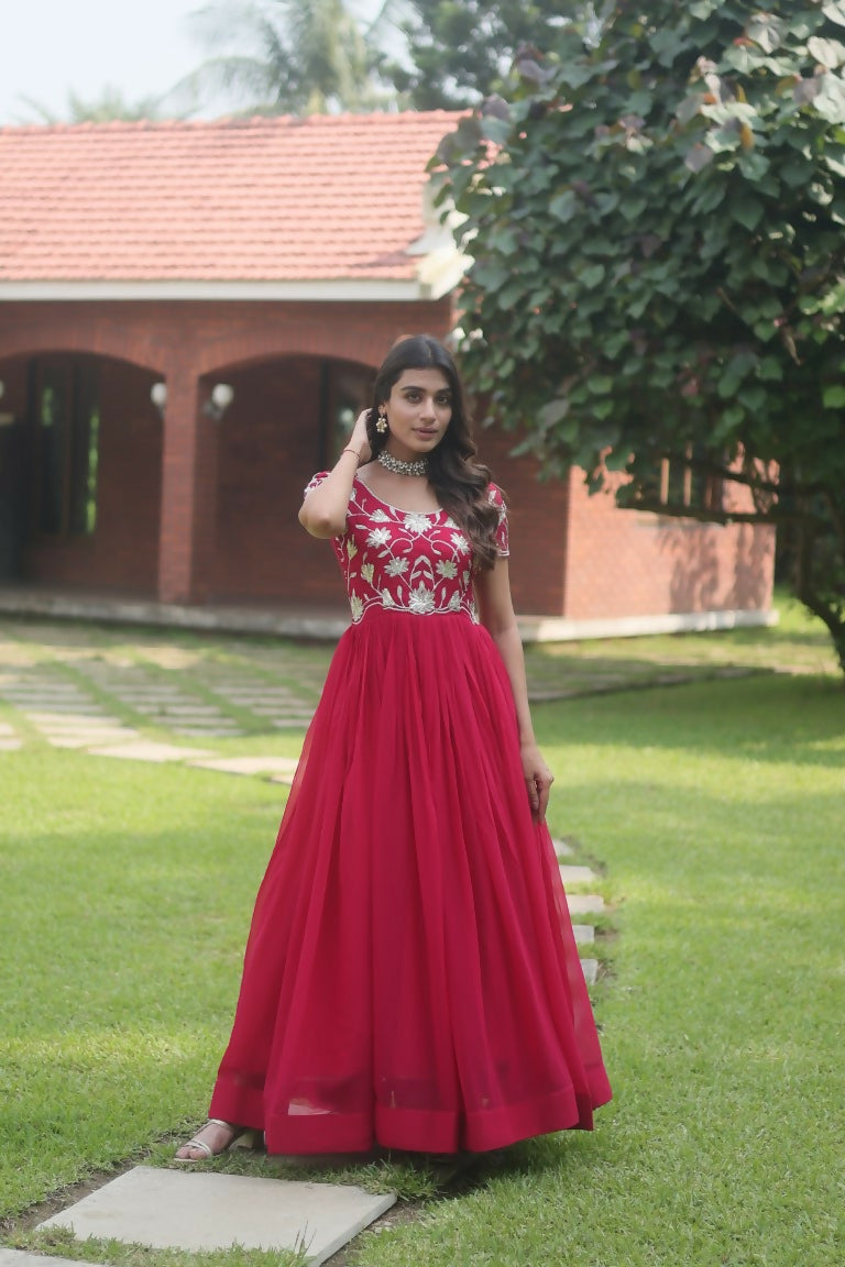 Jyoti Fashion Women's Rani Pink Sequins Embroidered Faux Georgette Anarkali Dress | Swadesiicart