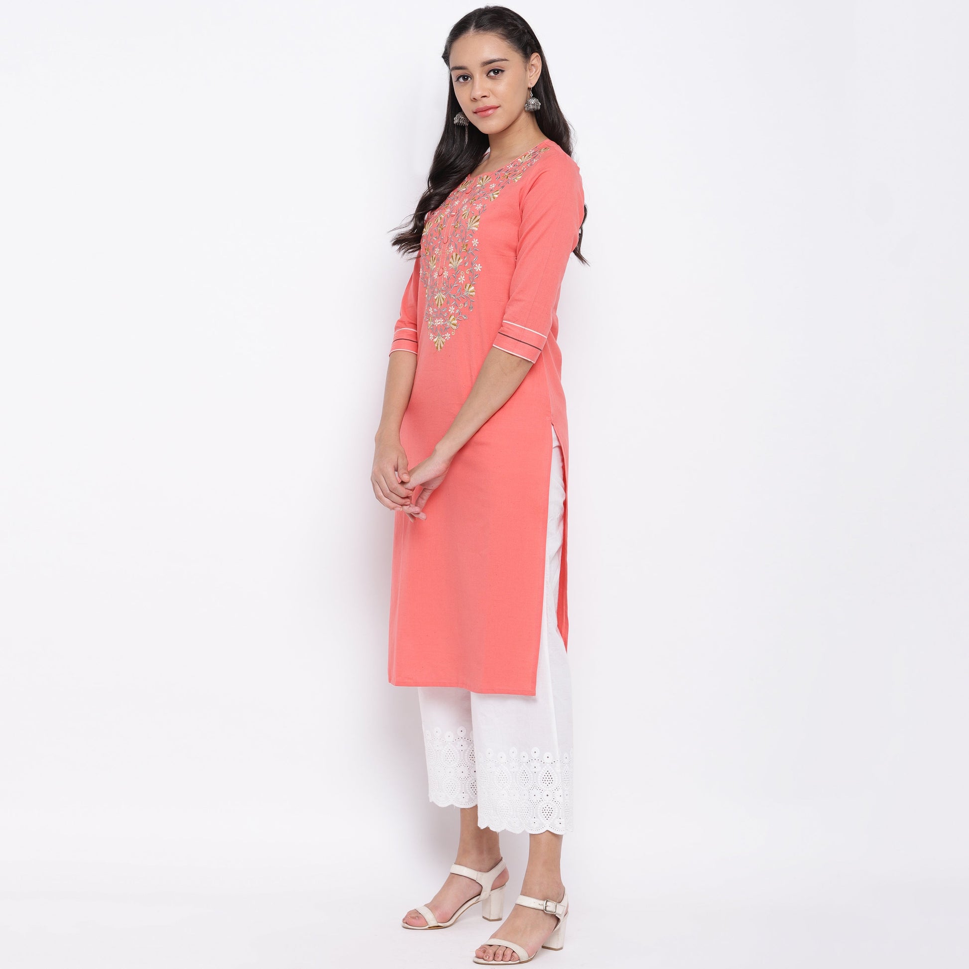 NOZ2TOZ Women's Embroidered Peach Kurti- (1pc Set) - Swadesiicart