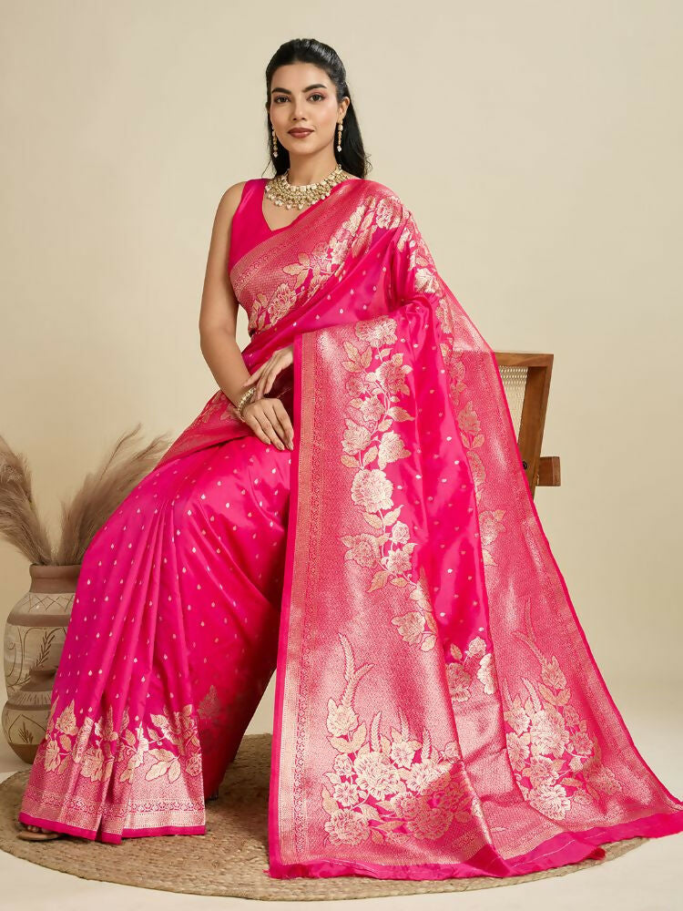 Vishnu Weaves Women's Pink Banarasi Silk Zari Woven Saree with Blouse - Swadesiicart