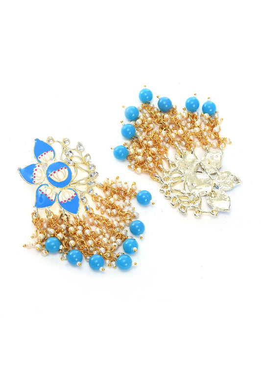 Mominos Fashion Johar Kamal Gold-Polished Kundan Sky Blue Meenakari Earrings - Swadesiicart