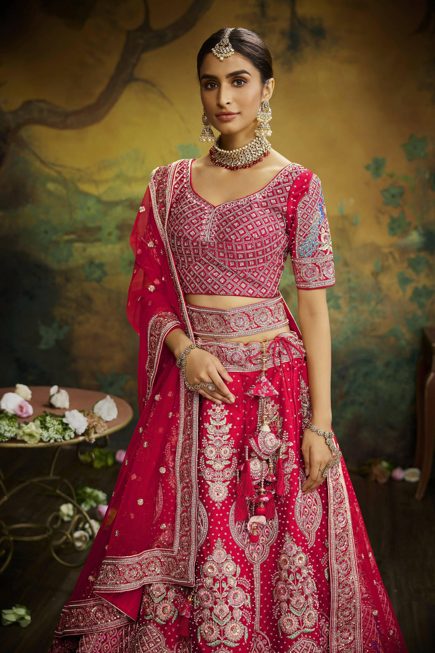 House of Panchhi Red Pure Silk Moti & Zarkan heavy embroidery Lehenga choli & Dupatta | Swadesiicart