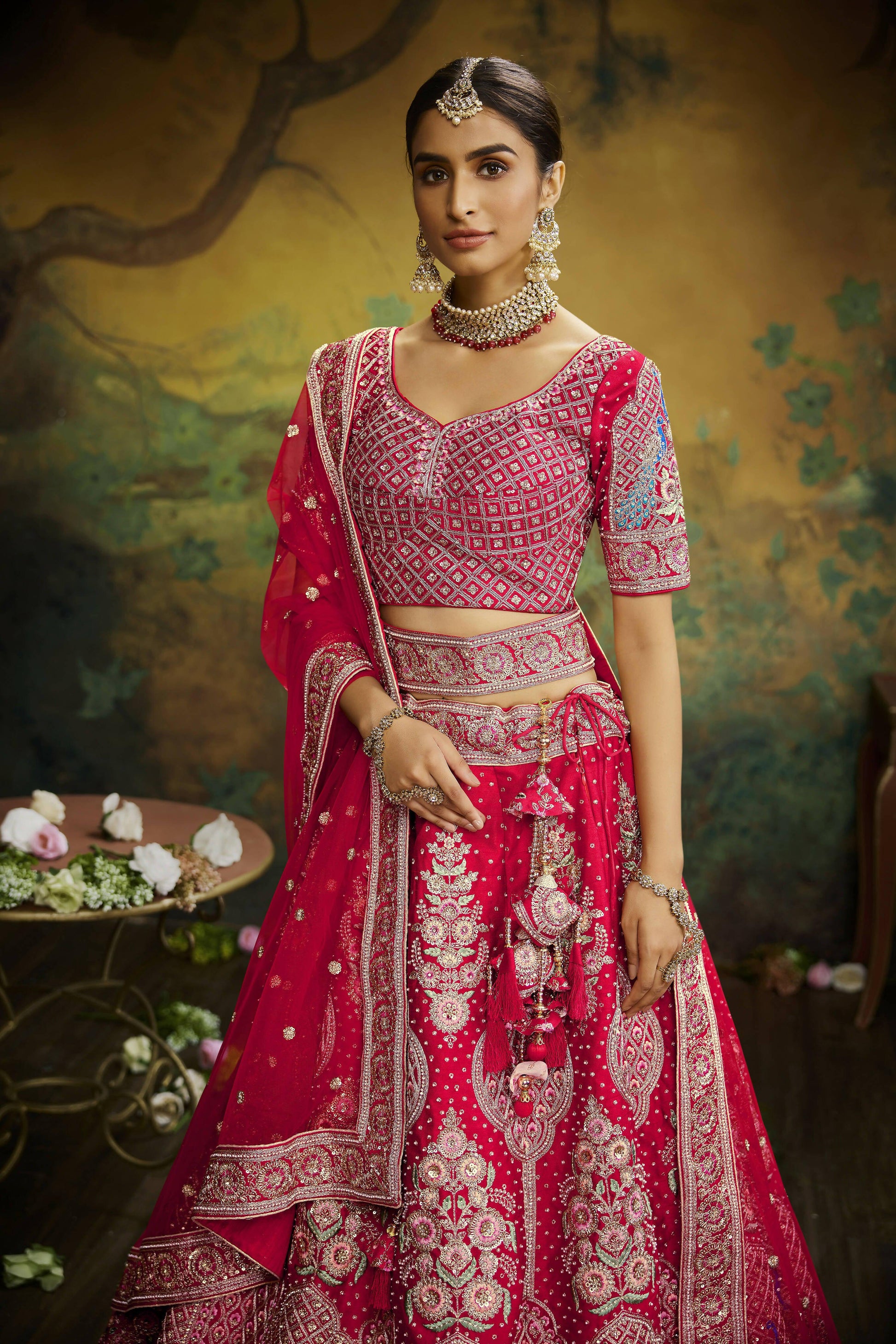 House of Panchhi Red Pure Silk Moti & Zarkan heavy embroidery Lehenga choli & Dupatta | Swadesiicart