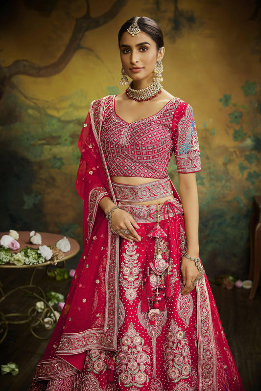 House of Panchhi Red Pure Silk Moti & Zarkan heavy embroidery Lehenga choli & Dupatta | Swadesiicart