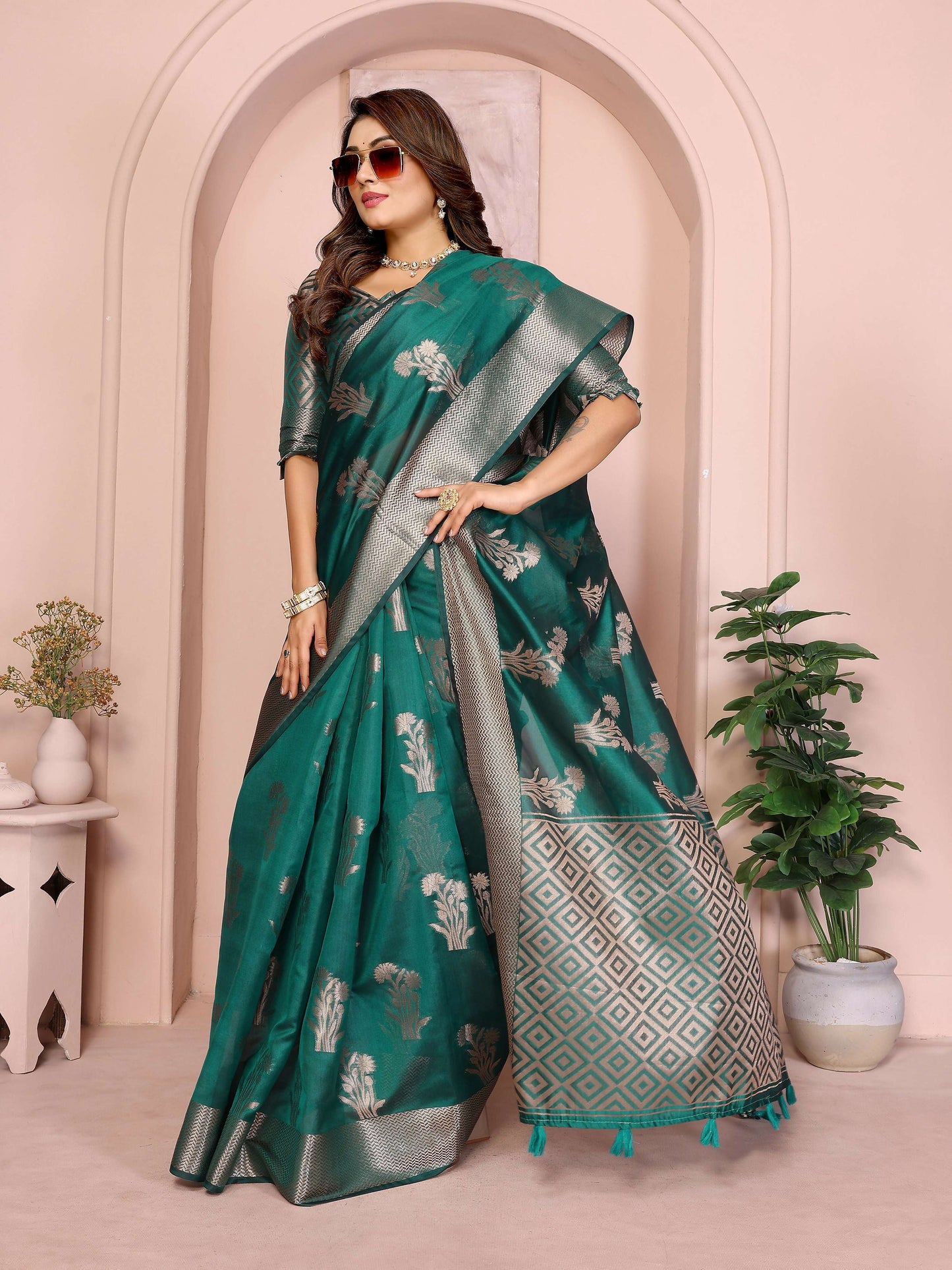Aastha Fashion Green Soft Organza Silk Weaving Saree