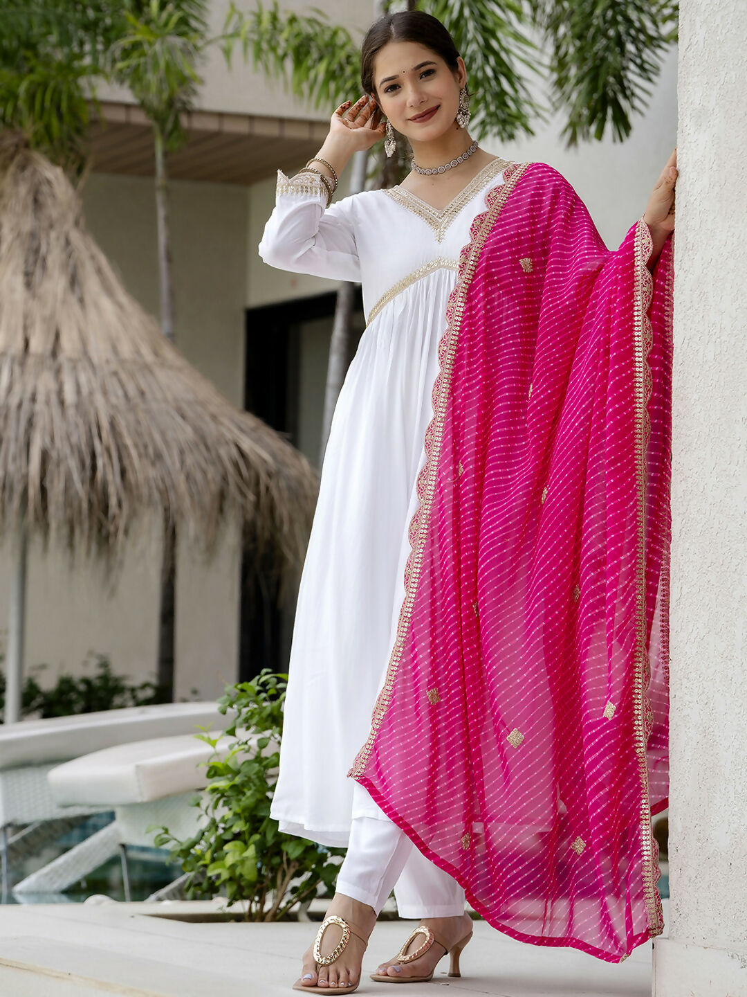 The52 White Women's Gorgeous Embroidered Chanderi Fabric Straight Kurta, Pant and Dupatta Set - Swadesiicart