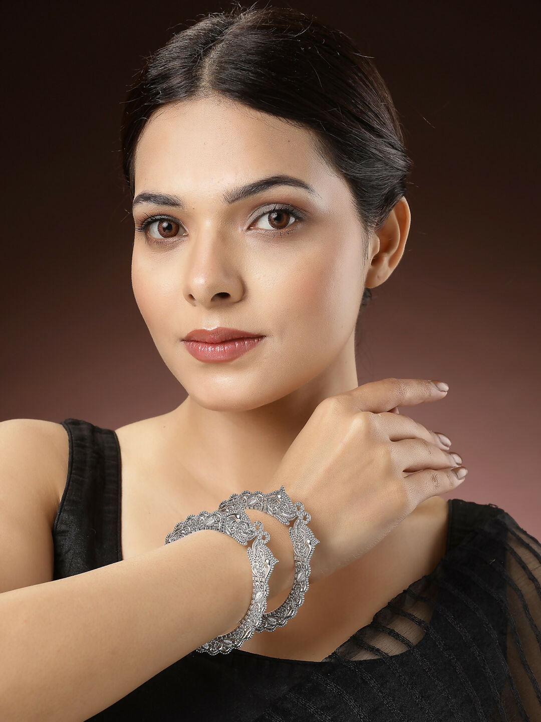 NVR Women's Set of 2 Silver-Toned German Silve Oxidised Elephant Design Handcrafted Bangles - Swadesiicart