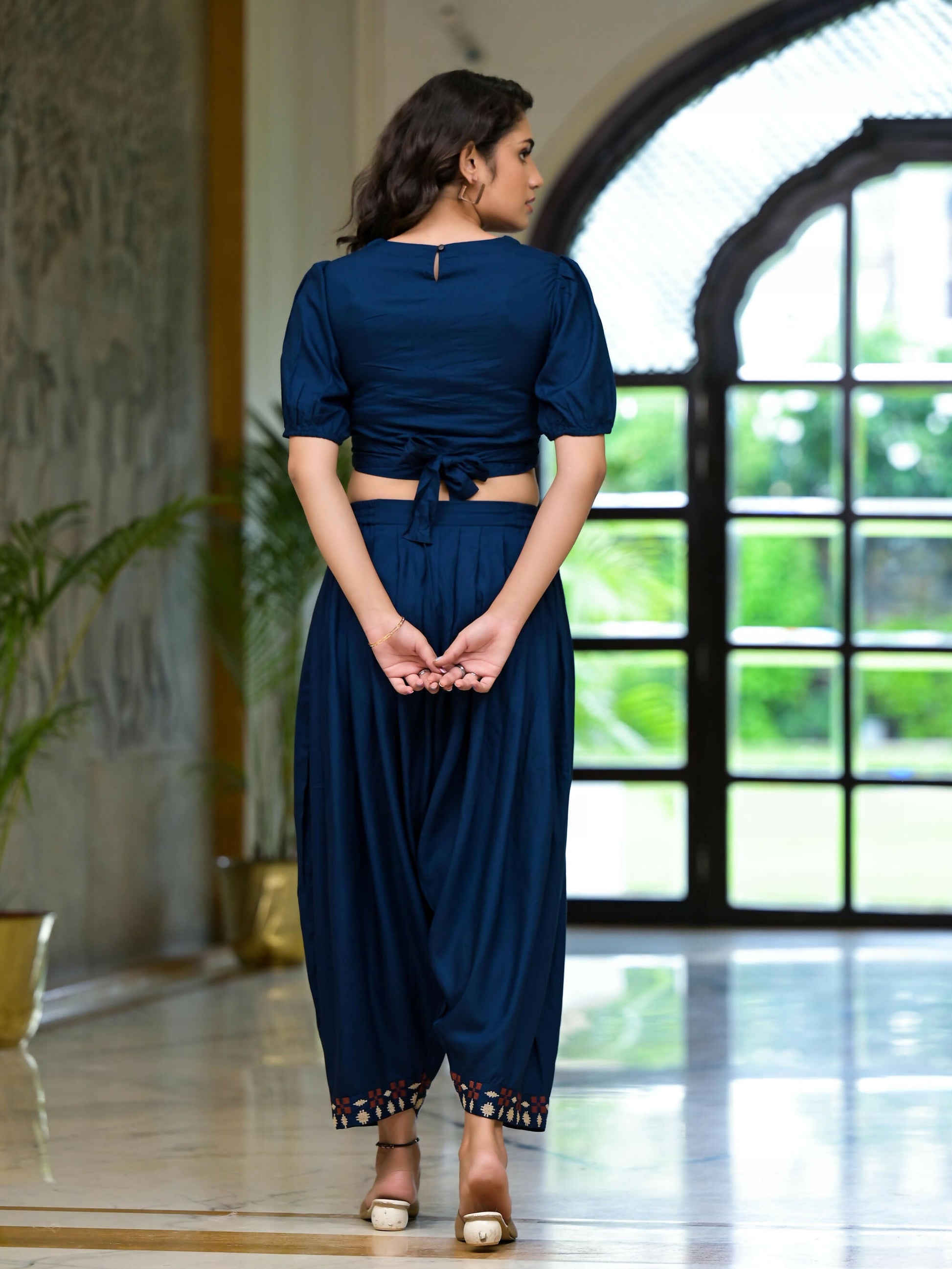 Juniper Women's Navy Thread Embroidered Rayon Top & Dhoti Pant Set - Swadesiicart