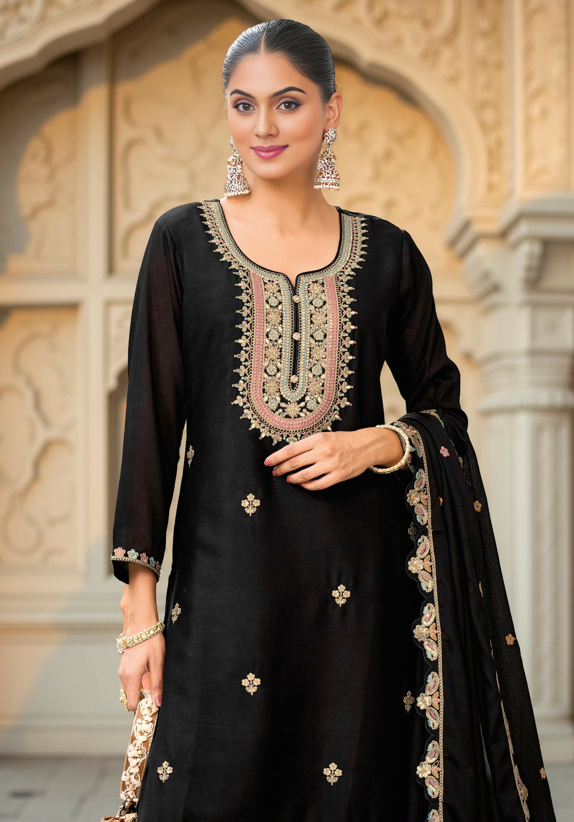 Ethnic Festive Wear Black Primium Chinon Fabric Stitched Suit With Dupatta - Zeeya | Swadesiicart