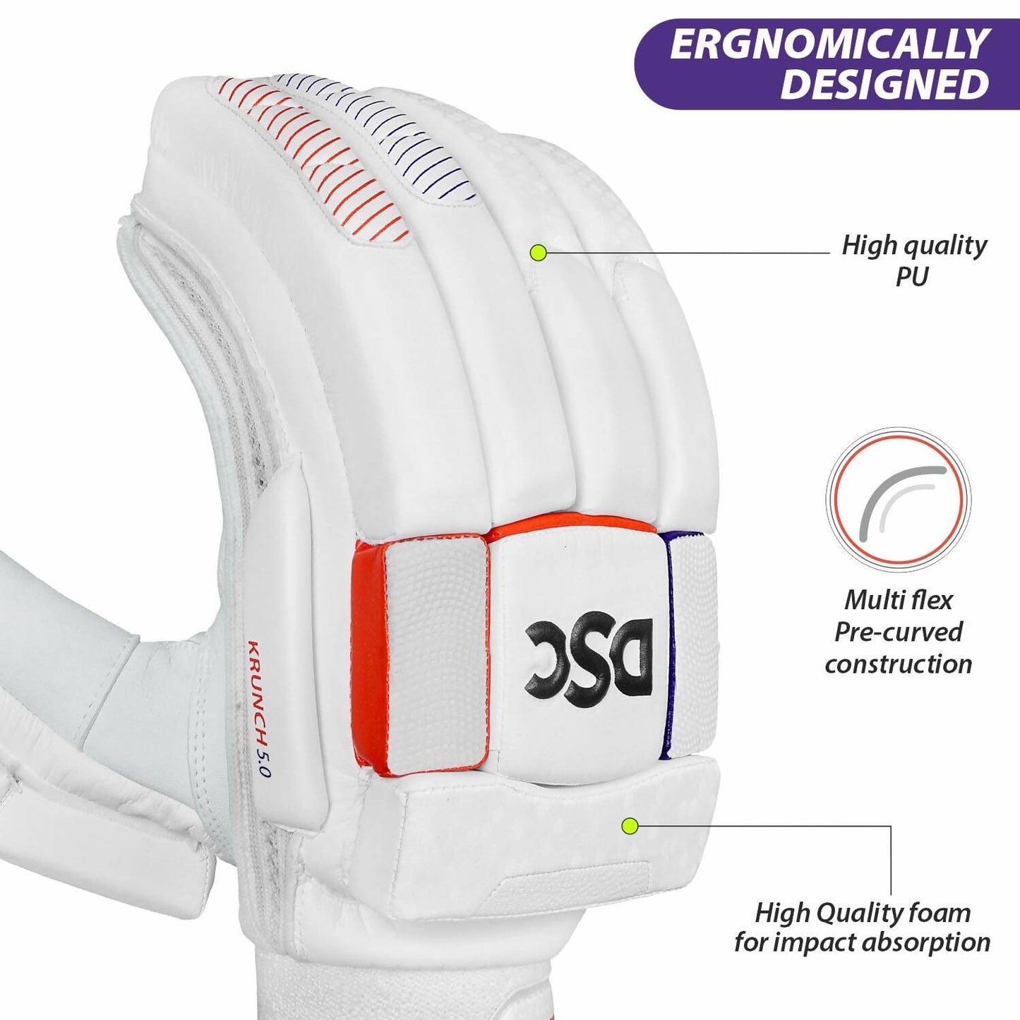 DSC Krunch 7.0 Men's Leather Right Hand Cricket Batting Gloves - Size Small (White Orange) - Swadesiicart