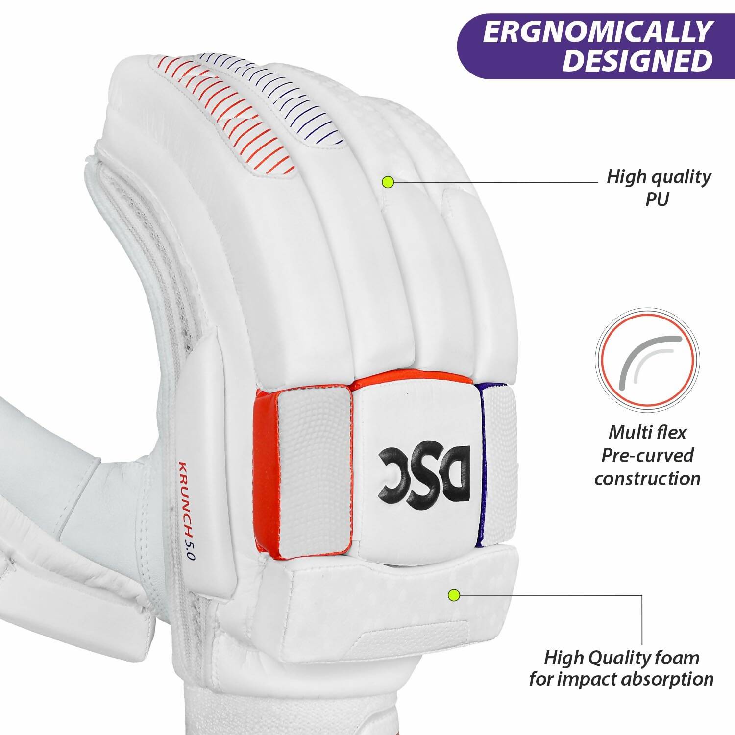 DSC Krunch 7.0 Men's Leather Right Hand Cricket Batting Gloves - Size Small (White Orange) - Swadesiicart