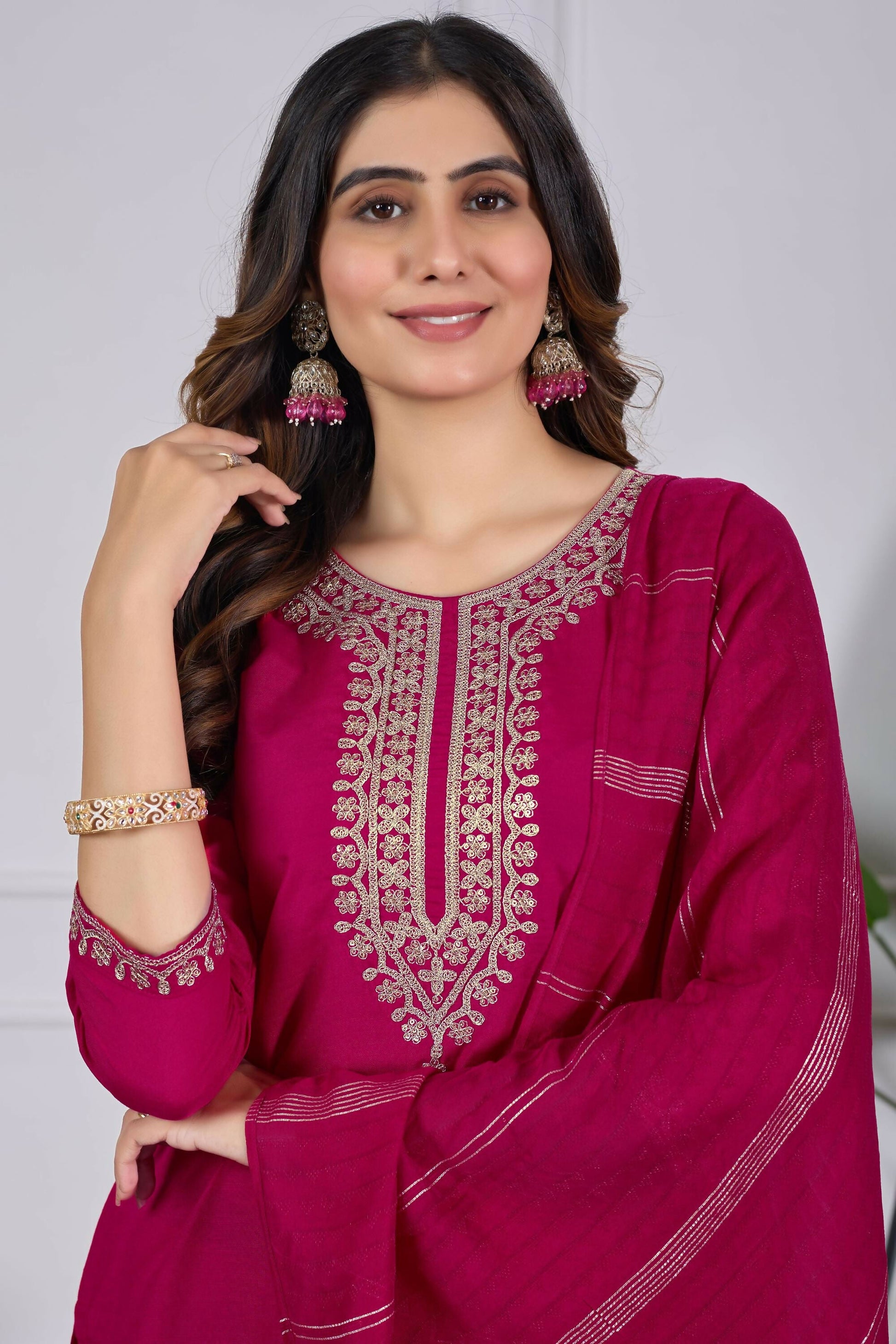 The52 Pink Women's Beautiful Embroidered Rayon Slub Fabric with Straight Kurta, Pant and Dupatta Set - Swadesiicart