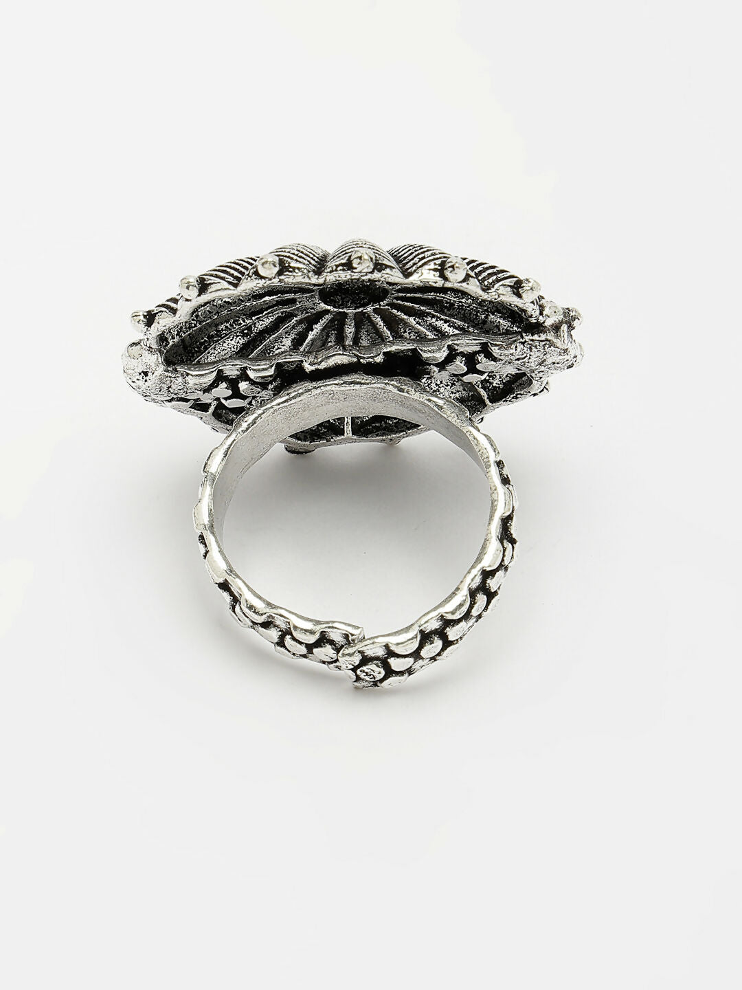 NVR Women's Silver-Toned Floral Shape Adjustable Finger Ring | Swadesiicart