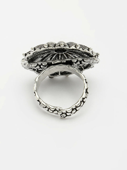 NVR Women's Silver-Toned Floral Shape Adjustable Finger Ring | Swadesiicart