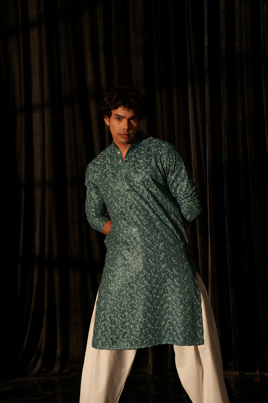 Cyan Blue Viscose Chikankari Embroidery Work Men's Kurta Set - Mahotsav | Swadesiicart