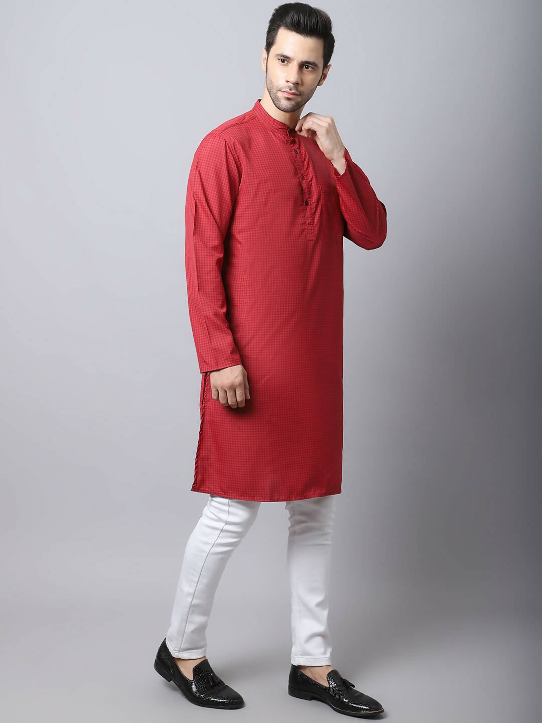 Even Apparels Maroon Cotton Checked Men's Kurta With Band Collar | Swadesiicart
