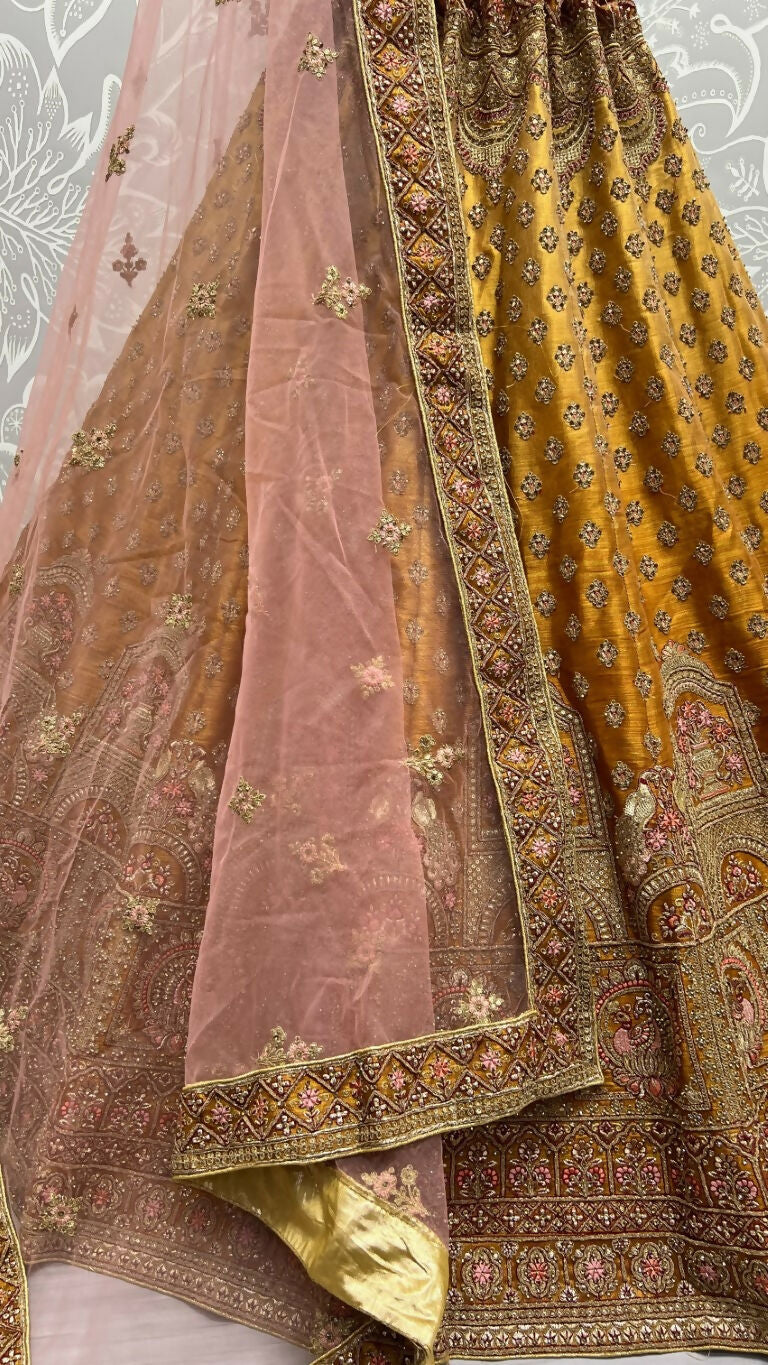 Jyoti Fashion Women's Golden Bridal Net Fancy Dori & Sequins Multi Thread Embroidered with Diamond Work Wedding Lehenga Choli | Swadesiicart