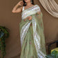 Vamsee White Border Green Organza Saree - Swadesiicart
