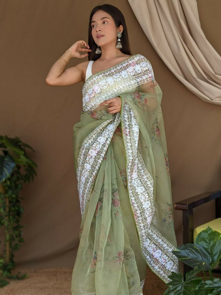 Vamsee White Border Green Organza Saree - Swadesiicart