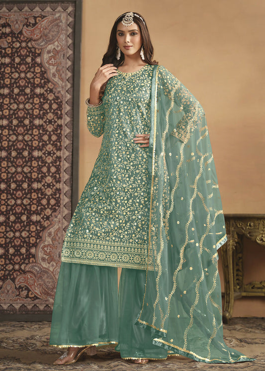 Net Mint Green Embroidered Festive Gharara Style Suit - Emponline | Swadesiicart