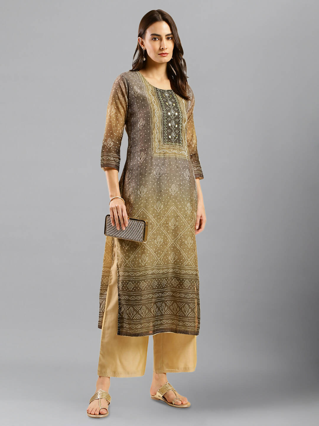 Brown Chinon Digital Printed With Hand Work Kurta - Himanshi - Swadesiicart
