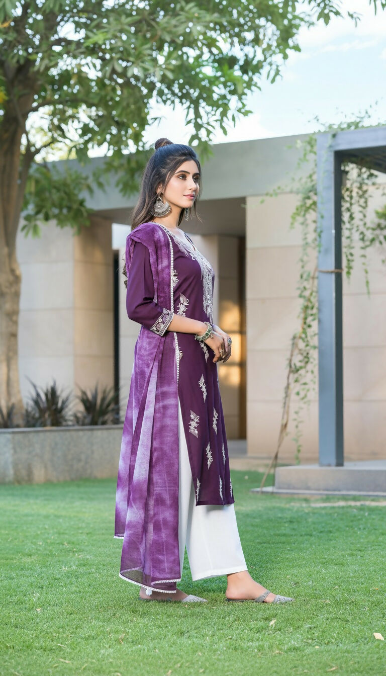 BulBul Pooja Rayon Purple Kurta Set with Dupatta - Swadesiicart