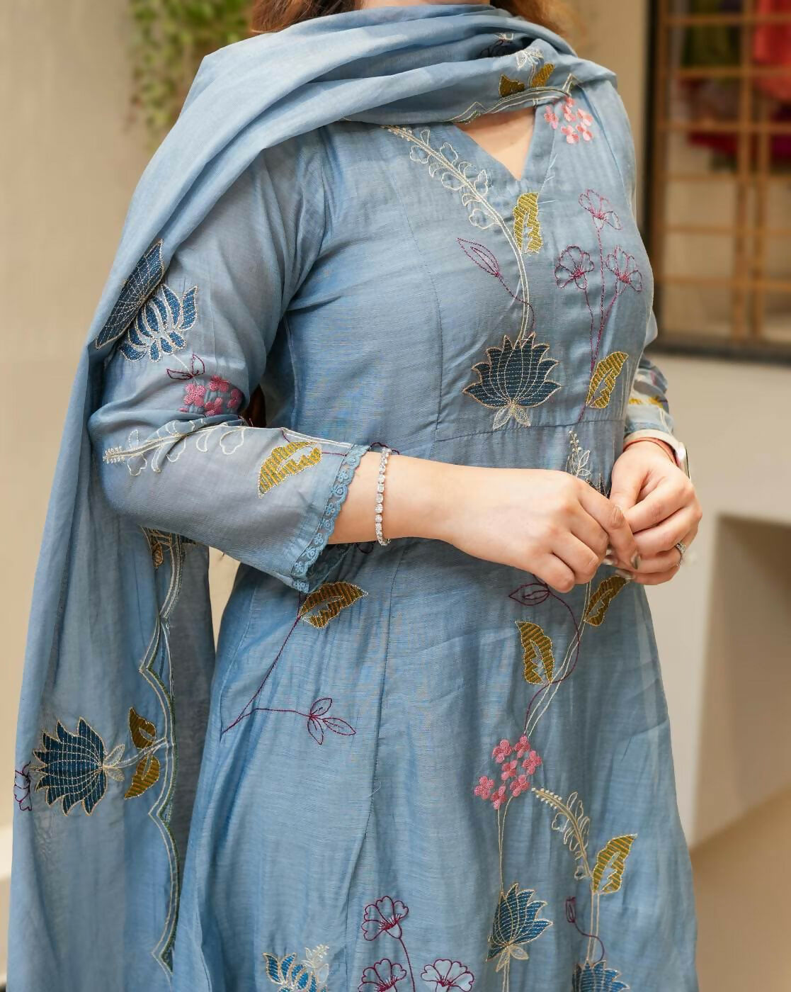 The52 Blue Women's Beautiful Cotton Fabric Thread Work Straight Kurta, Pant and Dupatta Set - Swadesiicart
