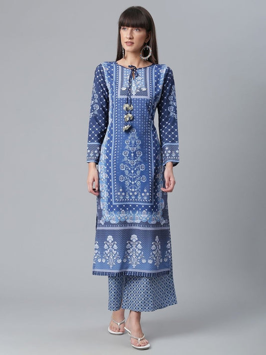 Ahalyaa Women Navy Blue Crepe Floral Print kurta With Palazzo | Swadesiicart