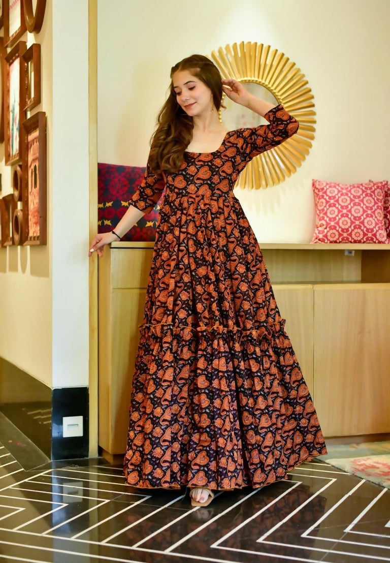 Jyoti Fashion Women's Brown Heavy Digital Printed Cotton Silk Anarkali Dress | Swadesiicart