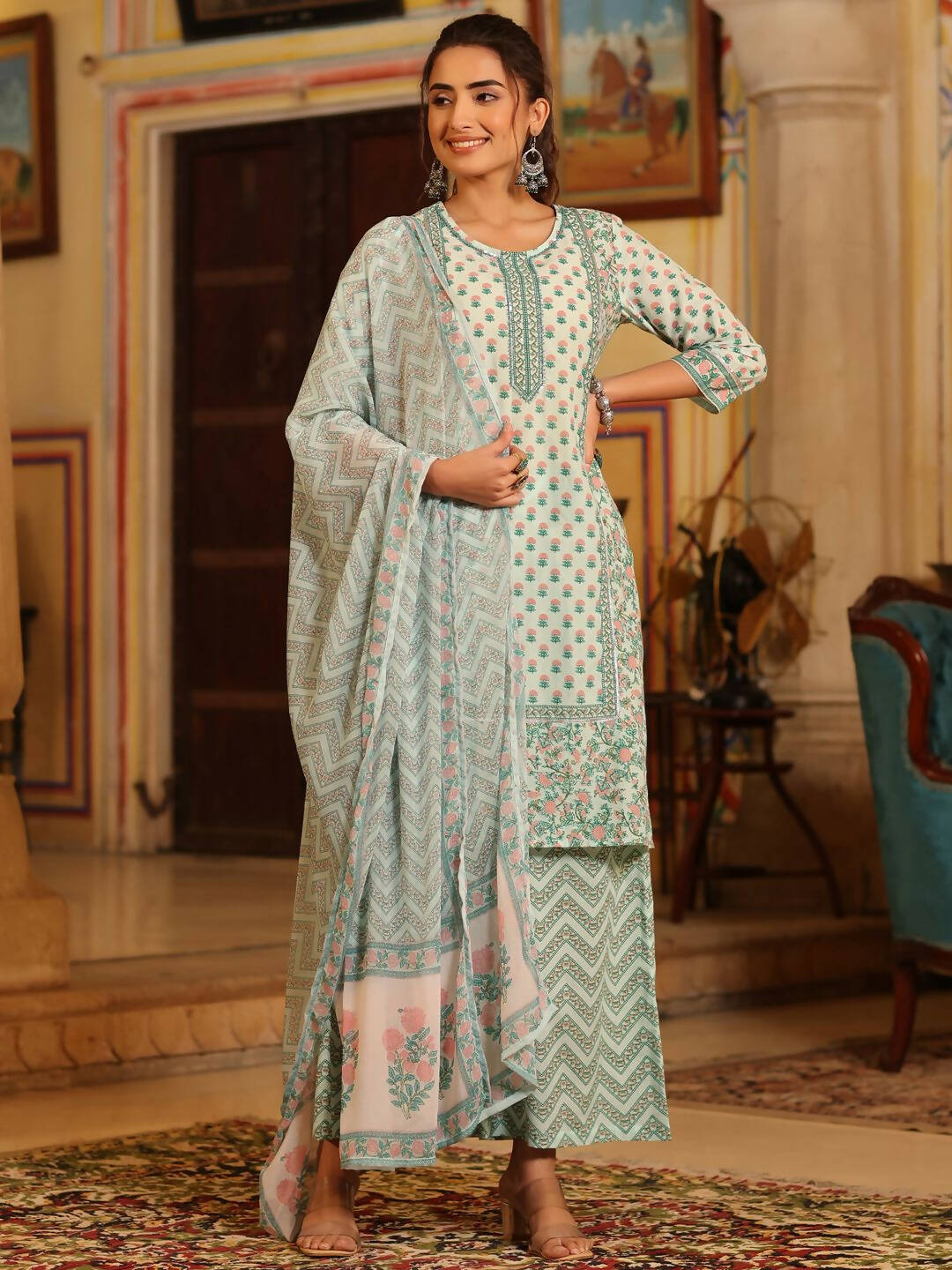 Juniper Women's Seagreen Cambric Floral Printed Kurta Palazzo Set | Swadesiicart
