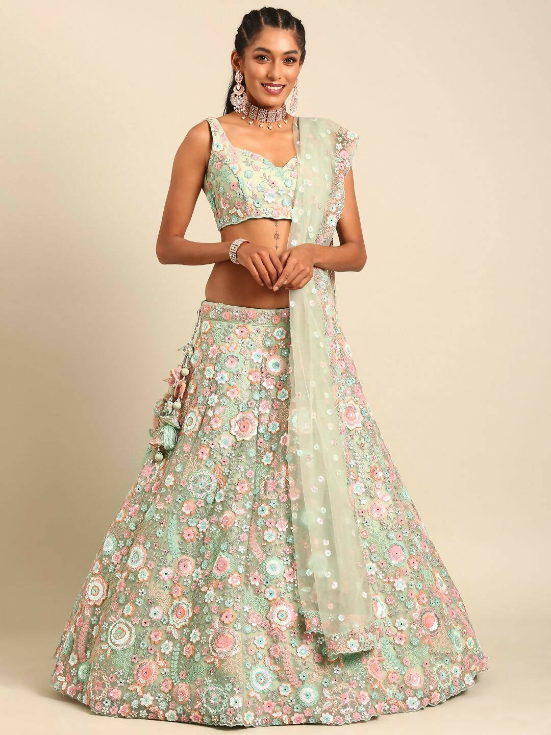 House of Panchhi Lime Green Net Sequins, Mirror and thread embroidery Lehenga choli & Dupatta | Swadesiicart