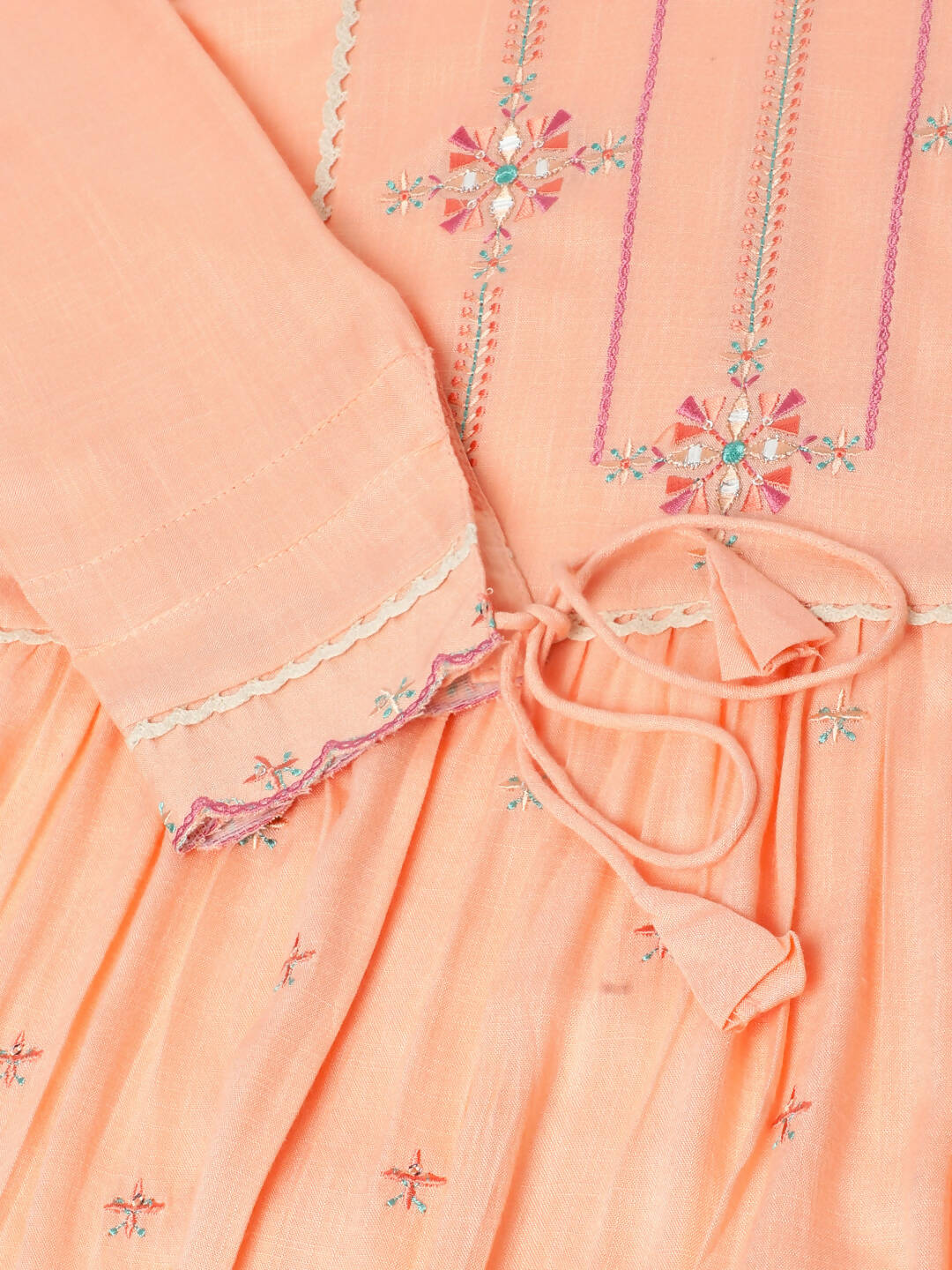Peach Poly Cotton Yoke Embroidered A-line Top - Tarini - Swadesiicart
