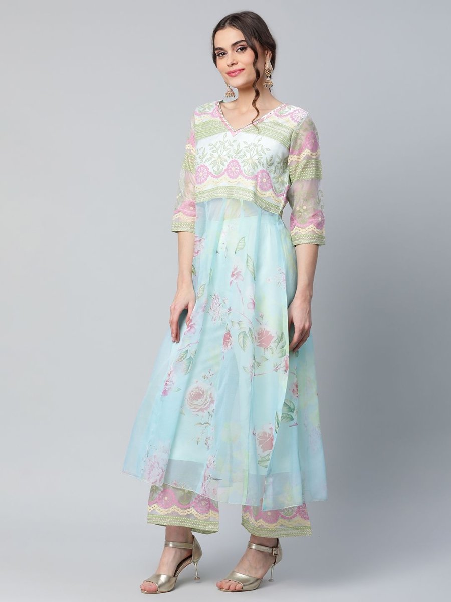 Ahalyaa Women Sea Green Organza Romantic Florals Kurta Palazzo Set | Swadesiicart