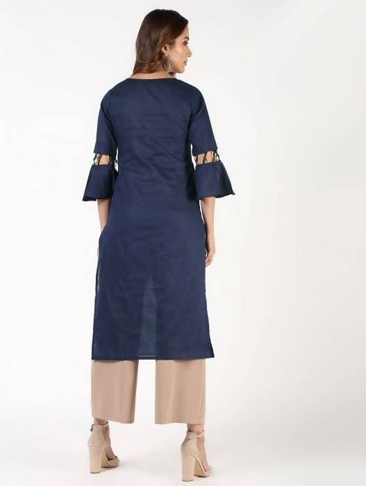 Aniyah Cotton Criss Cross Bell Sleeves Navy Blue Straight Kurta (AN-145K) - Swadesiicart