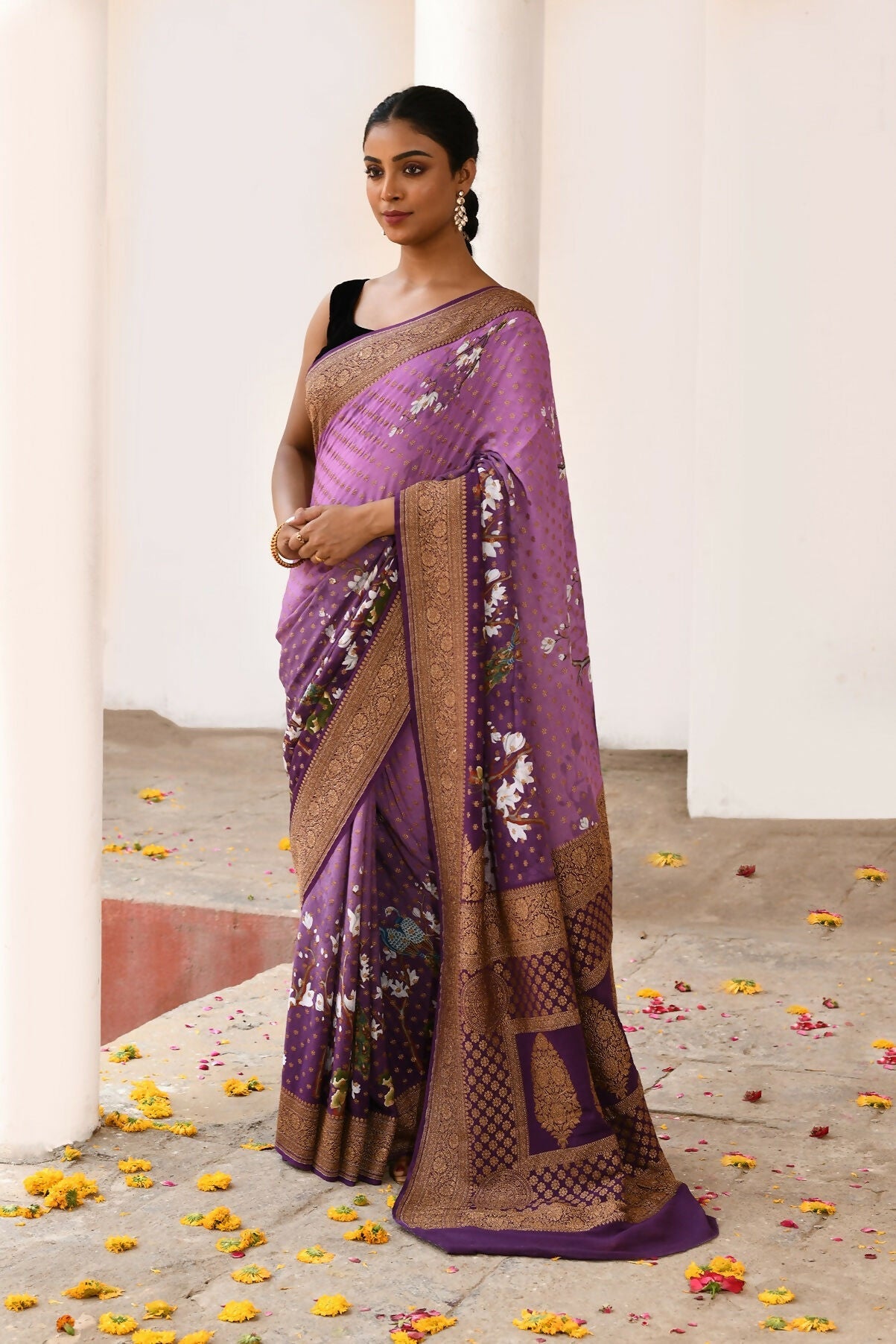 Joban Fashion Plum Purple Crepe Chiffon Pure Handloom Banarasi Silk Saree | Swadesiicart