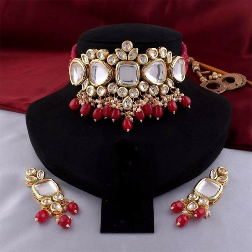 Joban Fashion Red kundan work Necklace Set | Swadesiicart