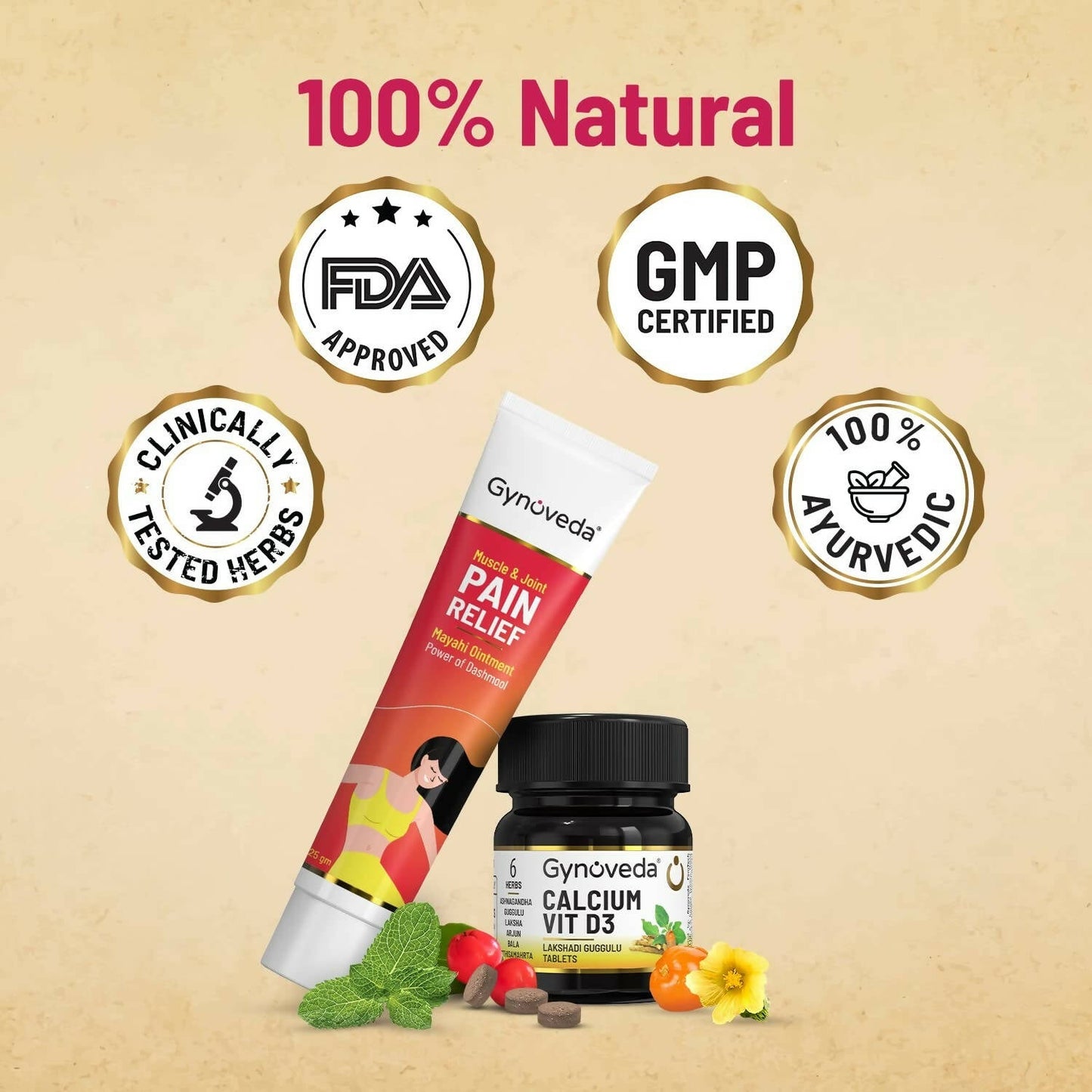 Gynoveda Calcium Vit D3 Tablets & Pain Relief Ointment Combo - Swadesiicart