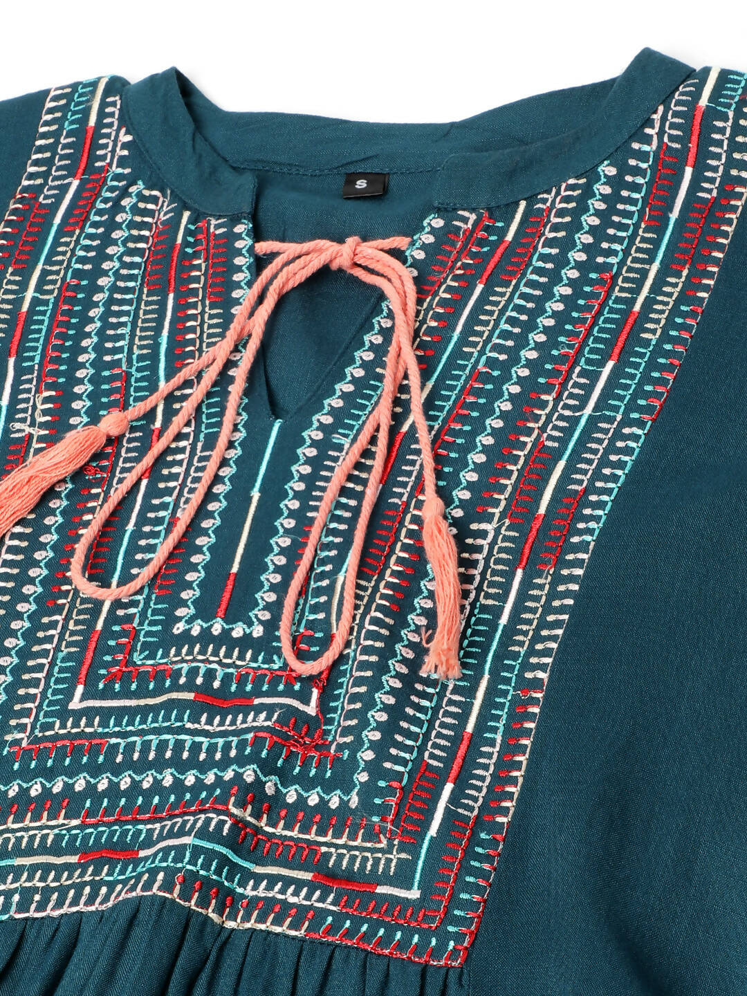 Teal Rayon Yoke Embroidered A-line Top - Tarini - Swadesiicart