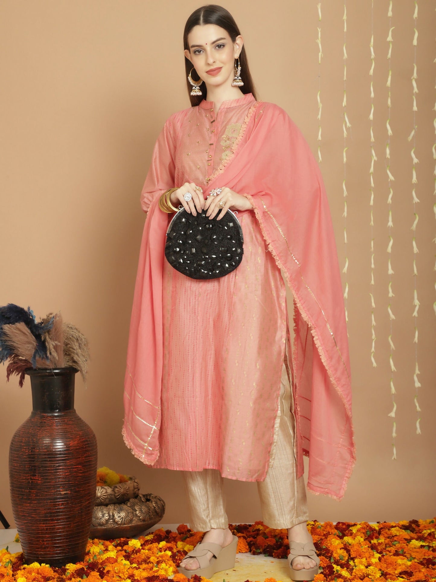 Jyoti Fashion Women's Peach Chanderi Silk Elegant Jardoshi Semi Kurta with Trouser & Dupatta | Swadesiicart