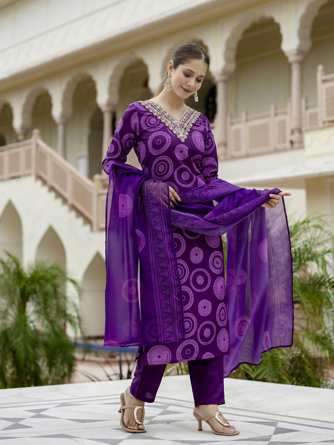 The52 Purple Women's Gorgeous Rayon Embroidered Straight Kurta with Pant And Dupatta Set - Swadesiicart
