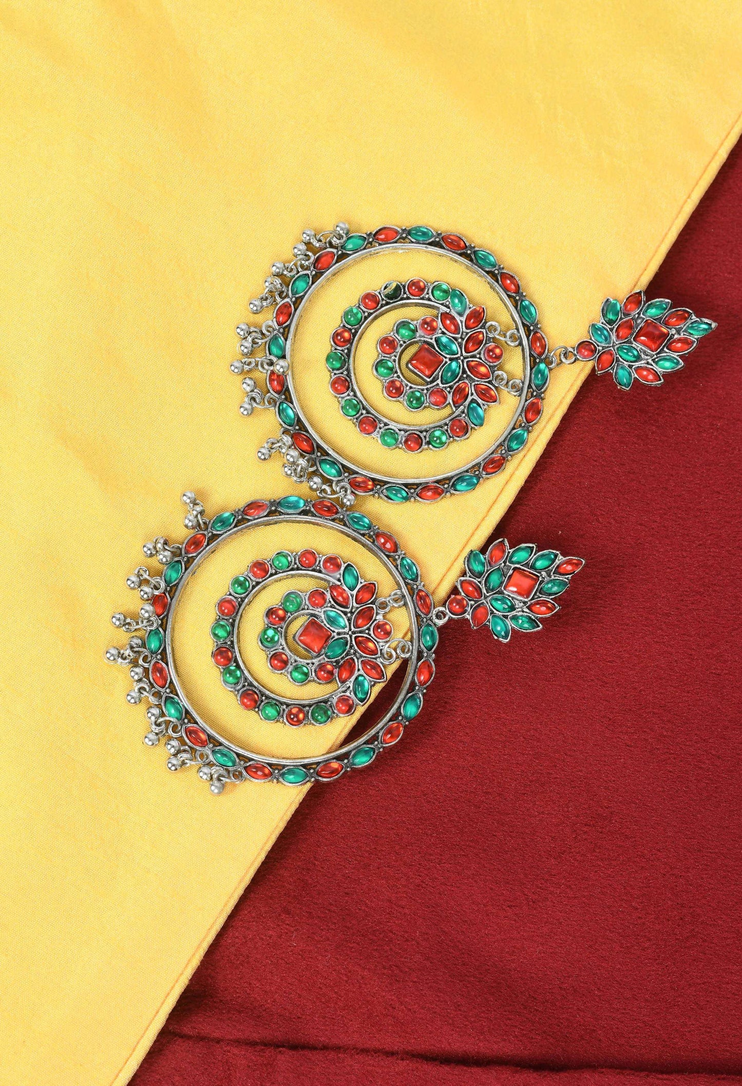 Mominos Fashion Johar Kamal Women's Red & Green Kundan Circles Earrings - Swadesiicart
