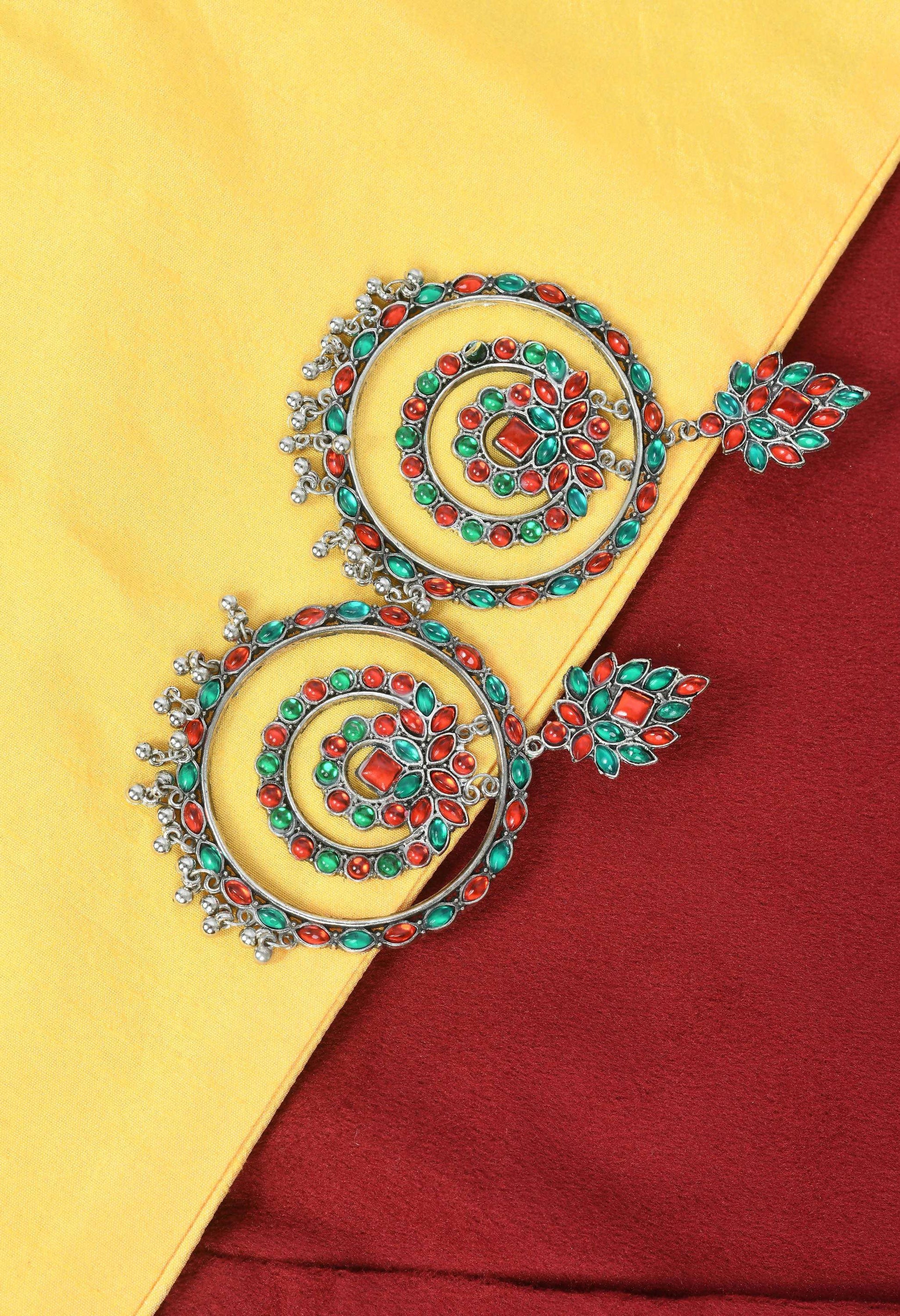 Mominos Fashion Johar Kamal Women's Red & Green Kundan Circles Earrings - Swadesiicart